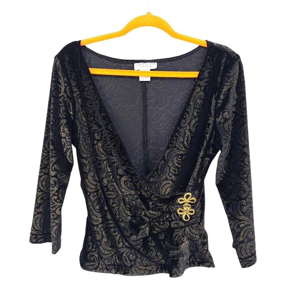 Jackie Jon NY Gold Speckled Surplice Neck Long Sleeve Top Medium